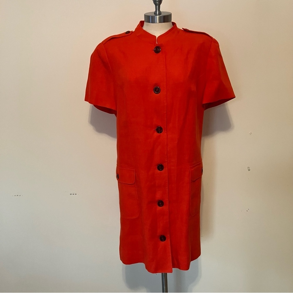 VTG Rickie Freeman Teri Jon Linen Red Dress Sz. 14 Short Sleeve Button-Down Mod
